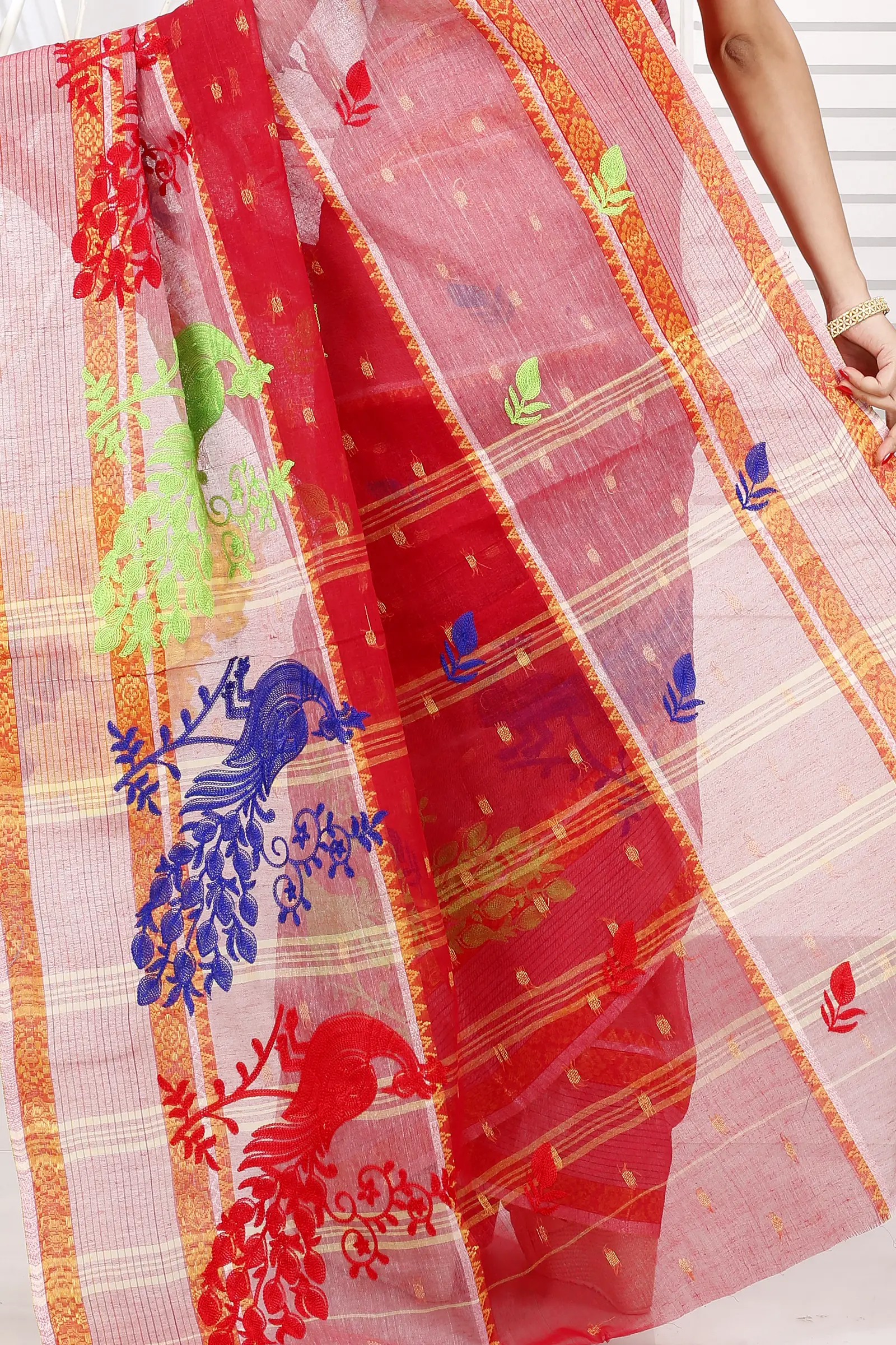 Red Pure Cotton Embi Debdash Moyur Tant Embroidery (1459)