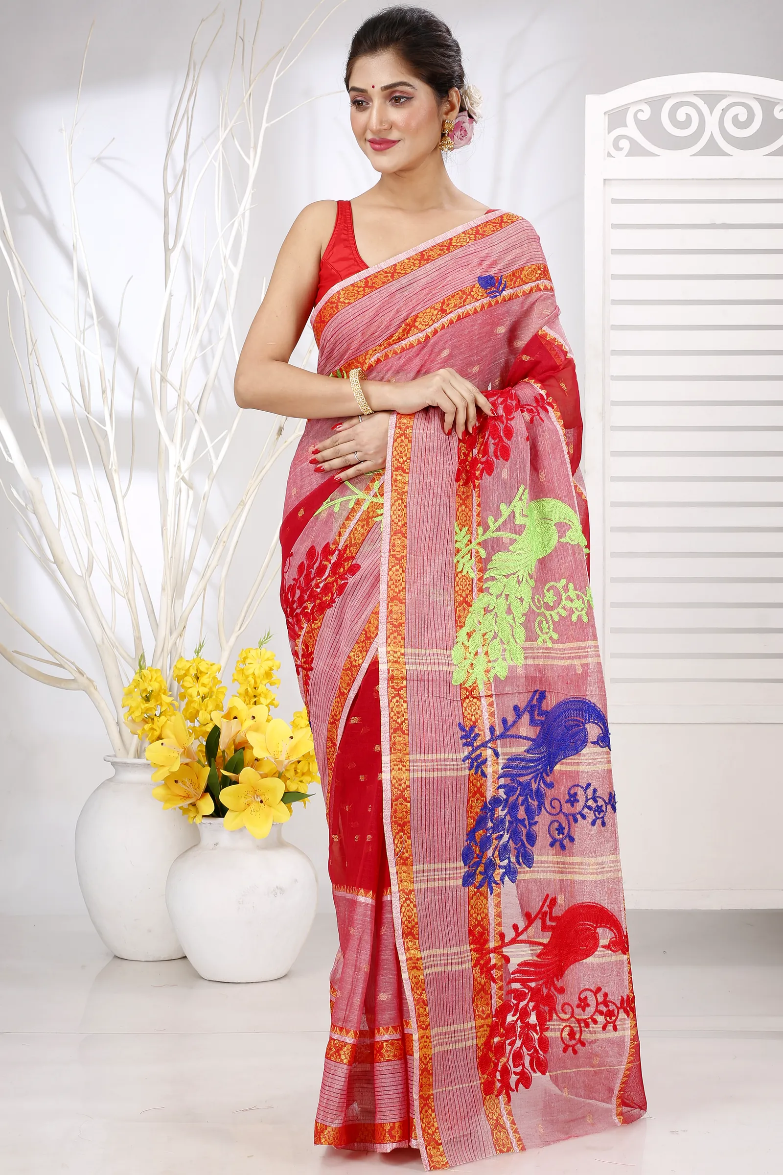 Red Pure Cotton Embi Debdash Moyur Tant Embroidery (1459)