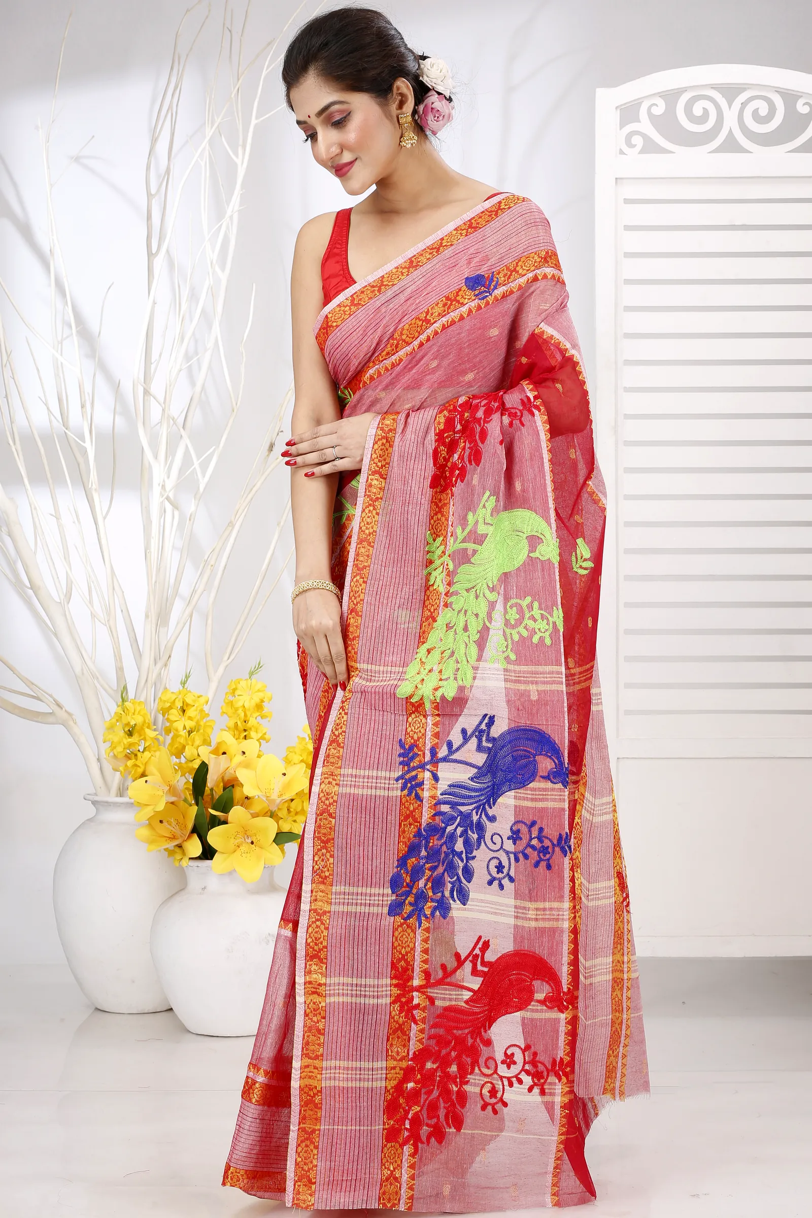 Red Pure Cotton Embi Debdash Moyur Tant Embroidery (1459)