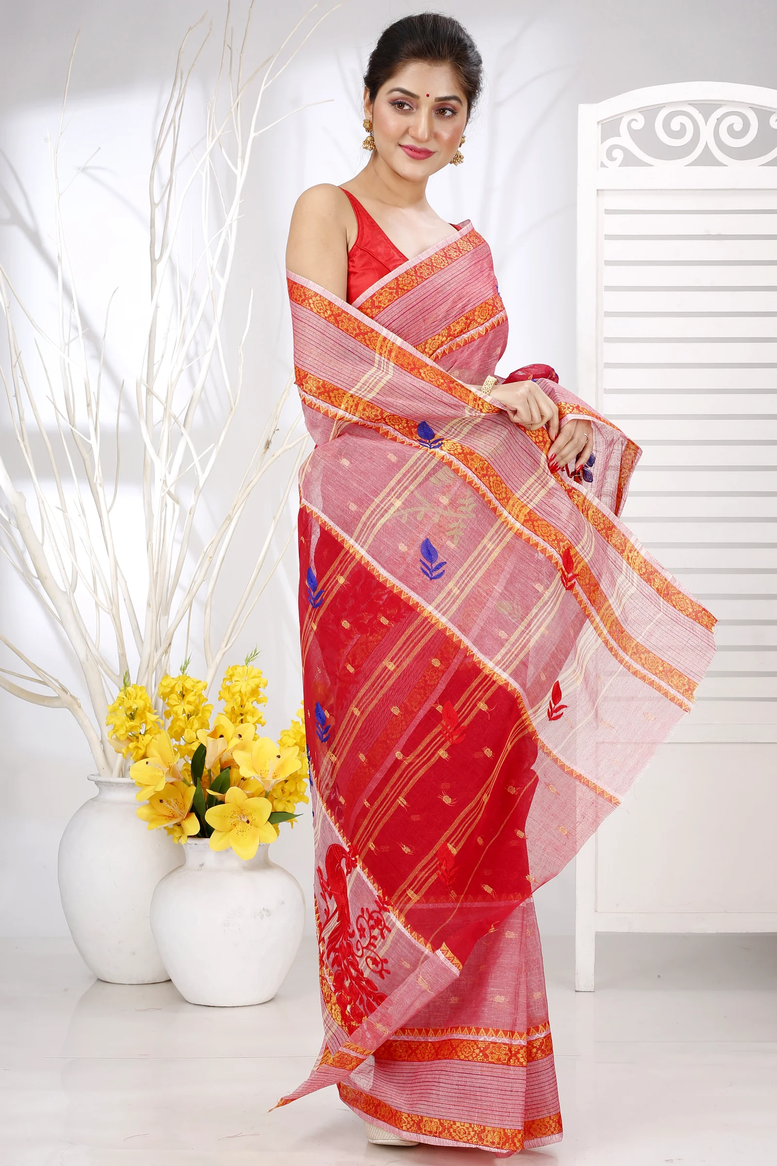 Red Pure Cotton Embi Debdash Moyur Tant Embroidery (1459)