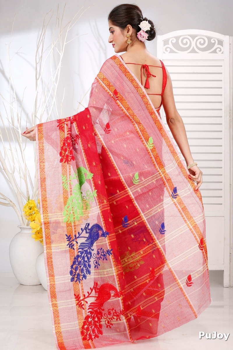 Red Pure Cotton Embi Debdash Moyur Tant Embroidery (1459)