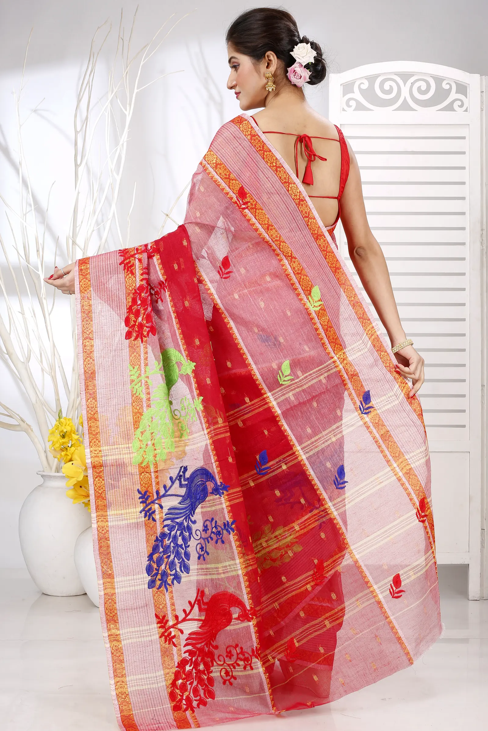 Red Pure Cotton Embi Debdash Moyur Tant Embroidery (1459)