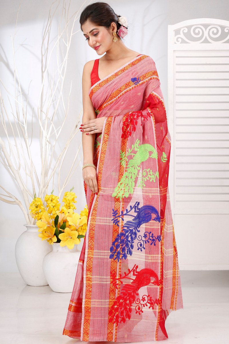 Red Pure Cotton Embi Debdash Moyur Tant Embroidery (1459)