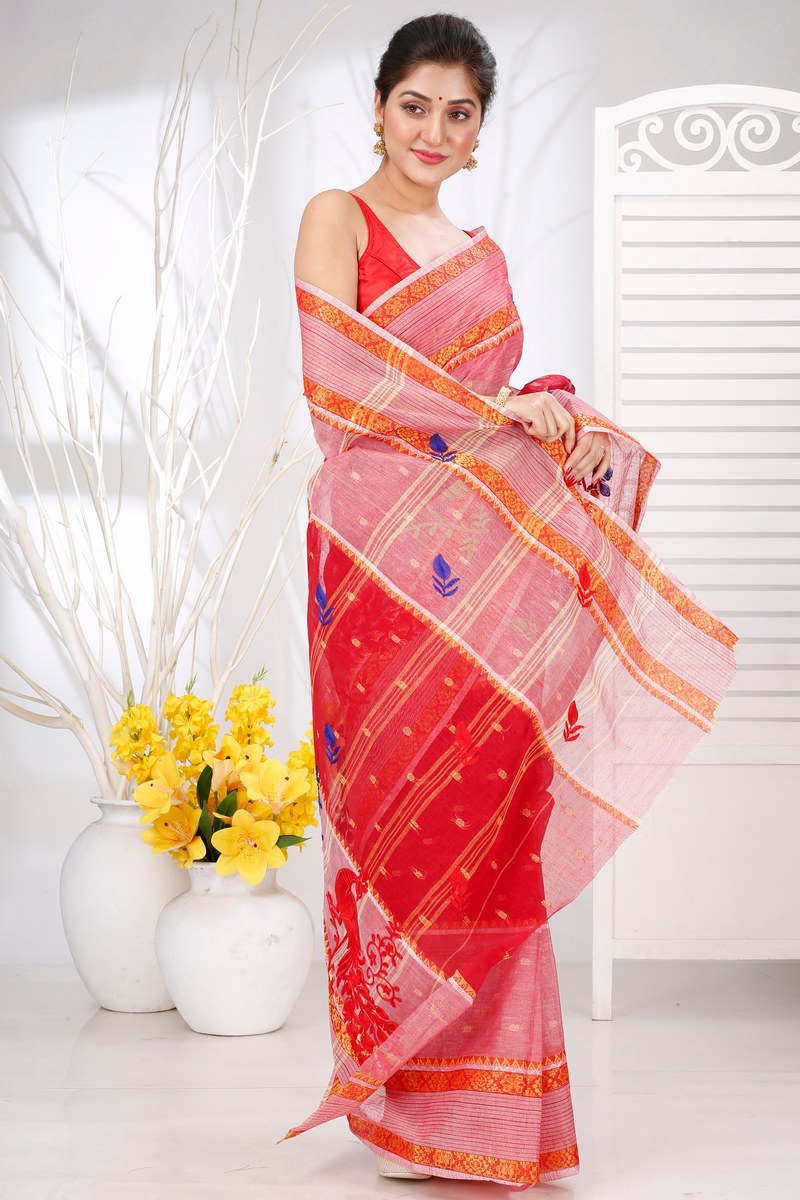 Red Pure Cotton Embi Debdash Moyur Tant Embroidery (1459)