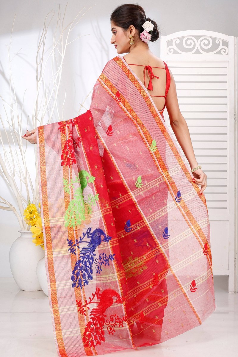 Red Pure Cotton Embi Debdash Moyur Tant Embroidery (1459)