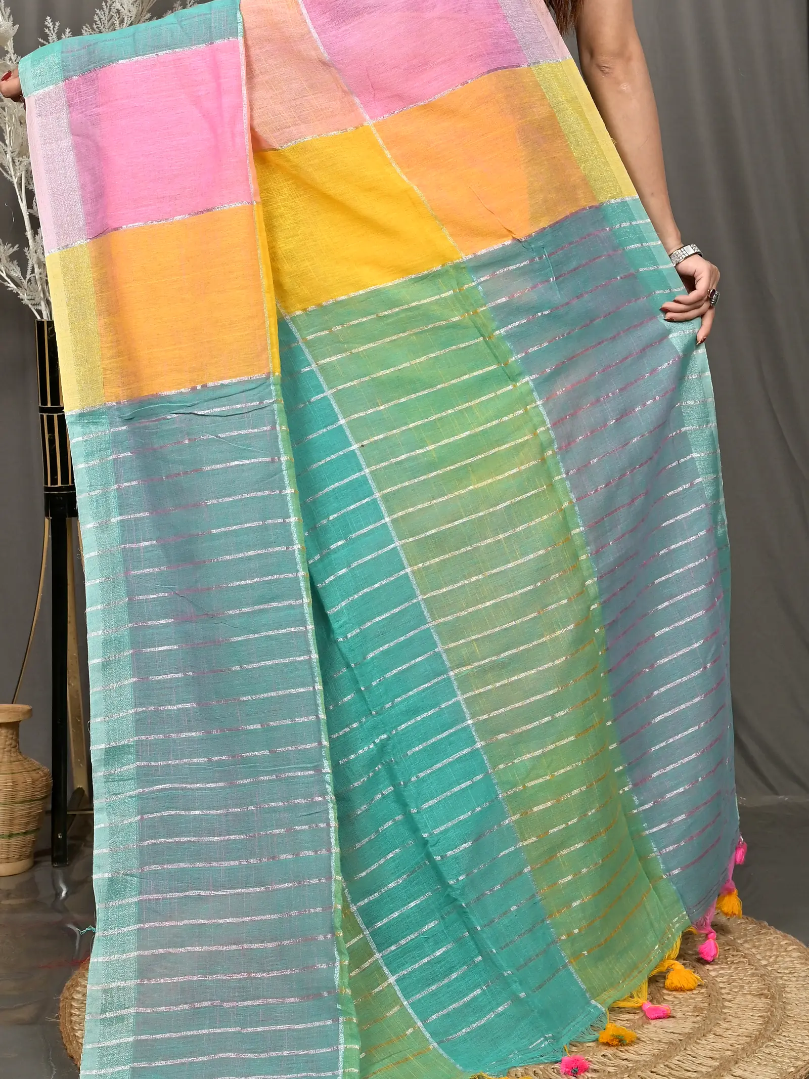 Multi-Coloured Cotton Souvon Handloom Saree  (146)