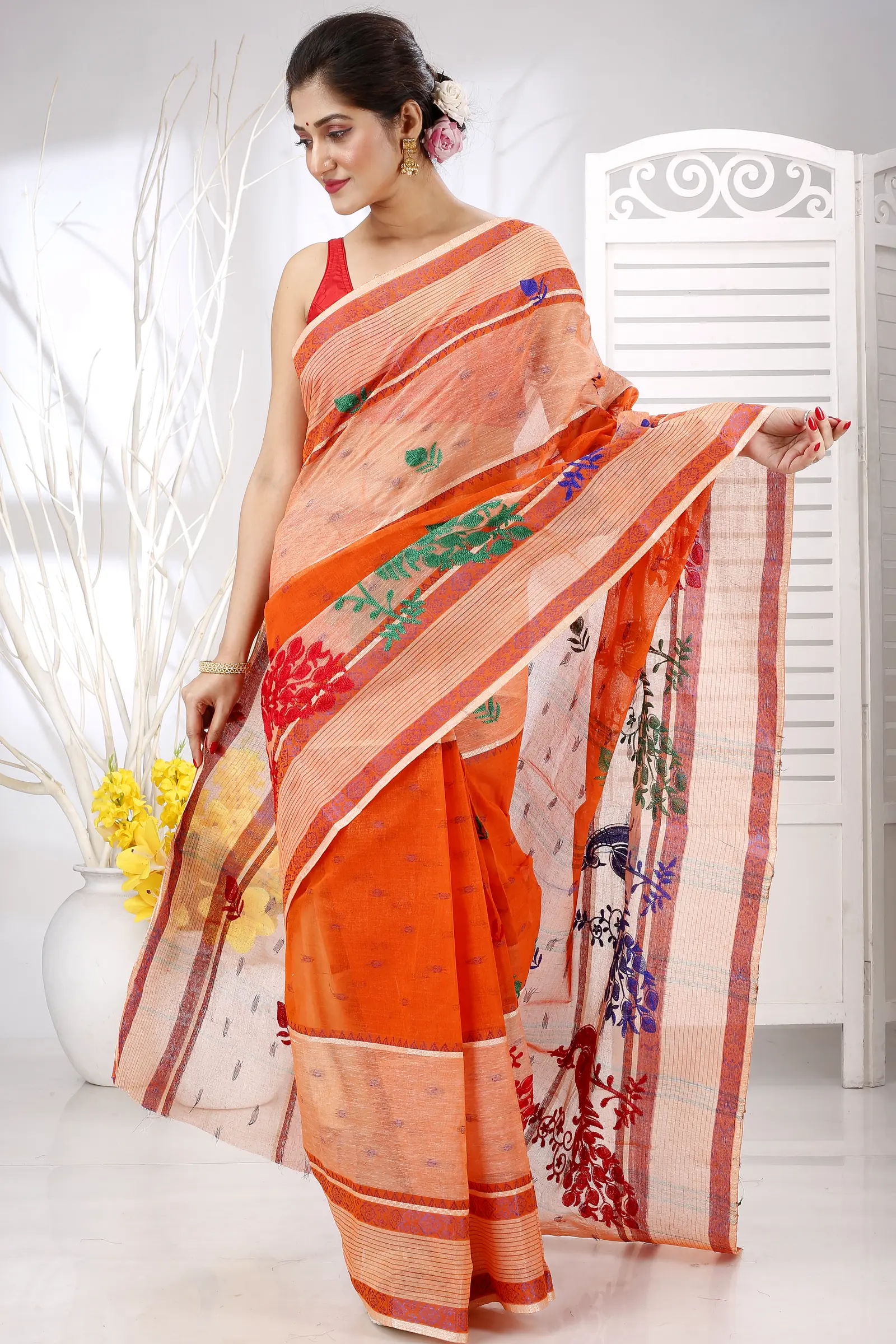 Orange Pure Cotton Embi Debdash Moyur Tant Embroidery (1460)