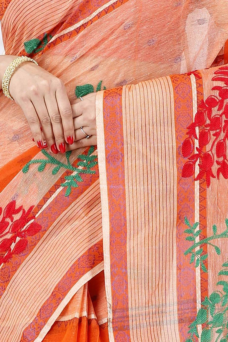 Orange Pure Cotton Embi Debdash Moyur Tant Embroidery (1460)
