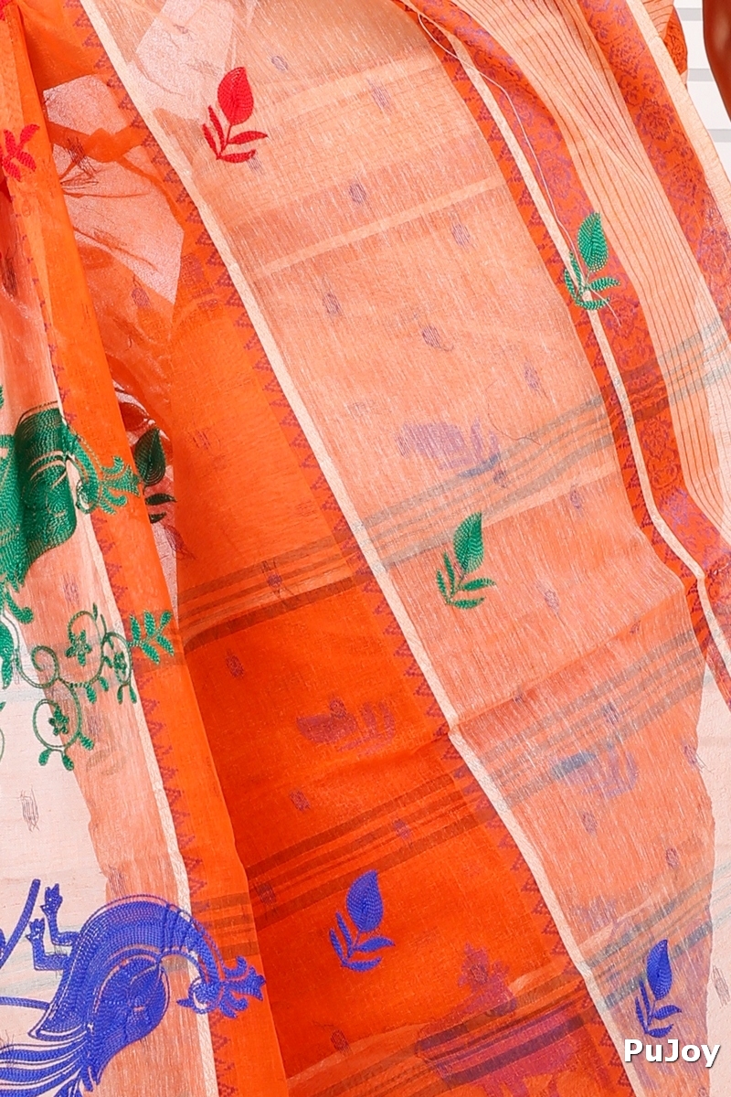 Orange Pure Cotton Embi Debdash Moyur Tant Embroidery (1460)
