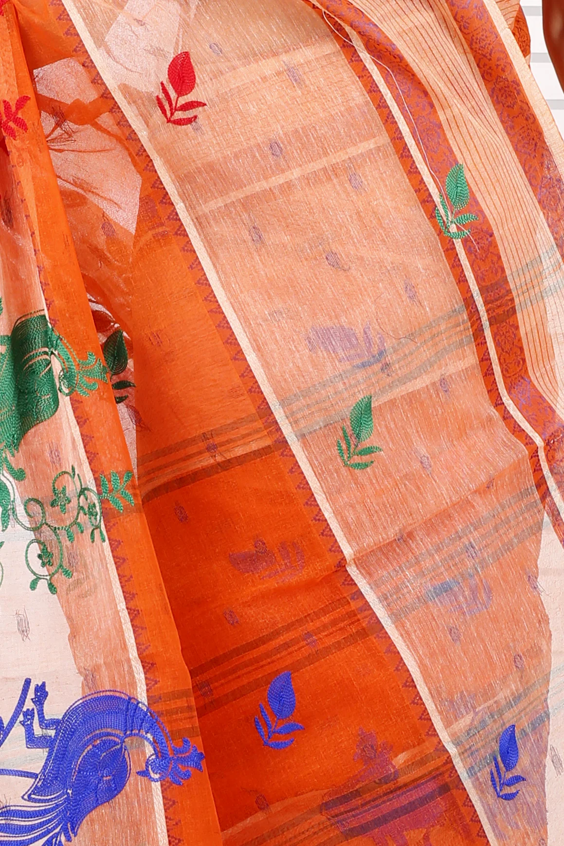 Orange Pure Cotton Embi Debdash Moyur Tant Embroidery (1460)