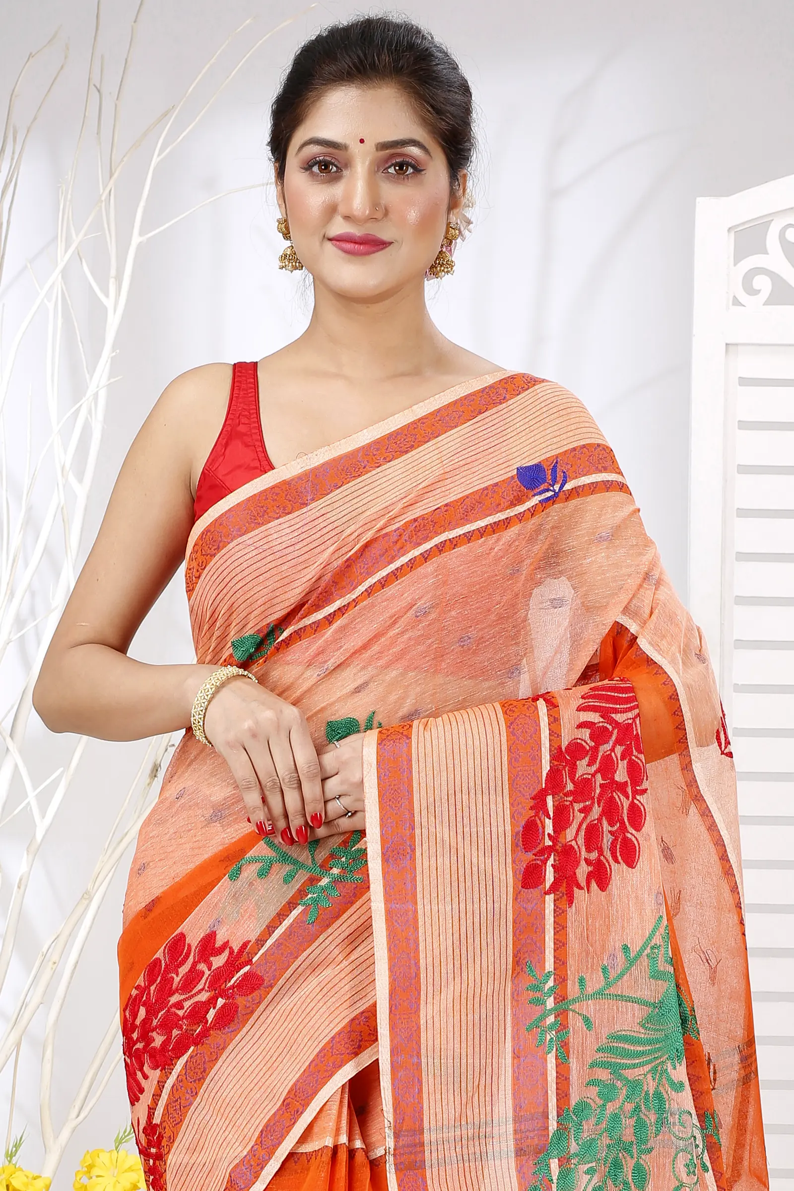 Orange Pure Cotton Embi Debdash Moyur Tant Embroidery (1460)