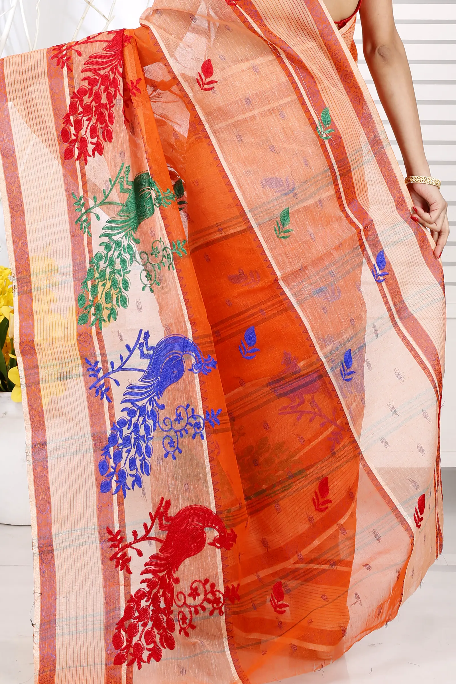 Orange Pure Cotton Embi Debdash Moyur Tant Embroidery (1460)