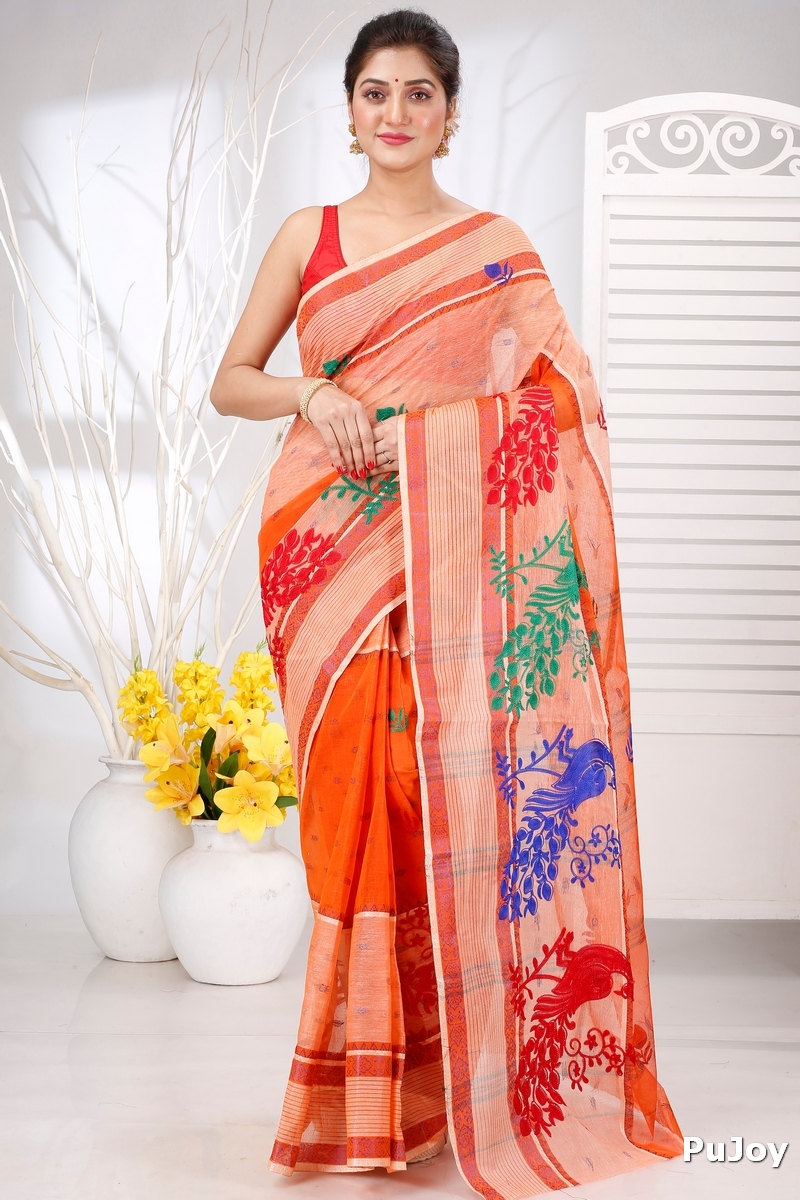 Orange Pure Cotton Embi Debdash Moyur Tant Embroidery (1460)