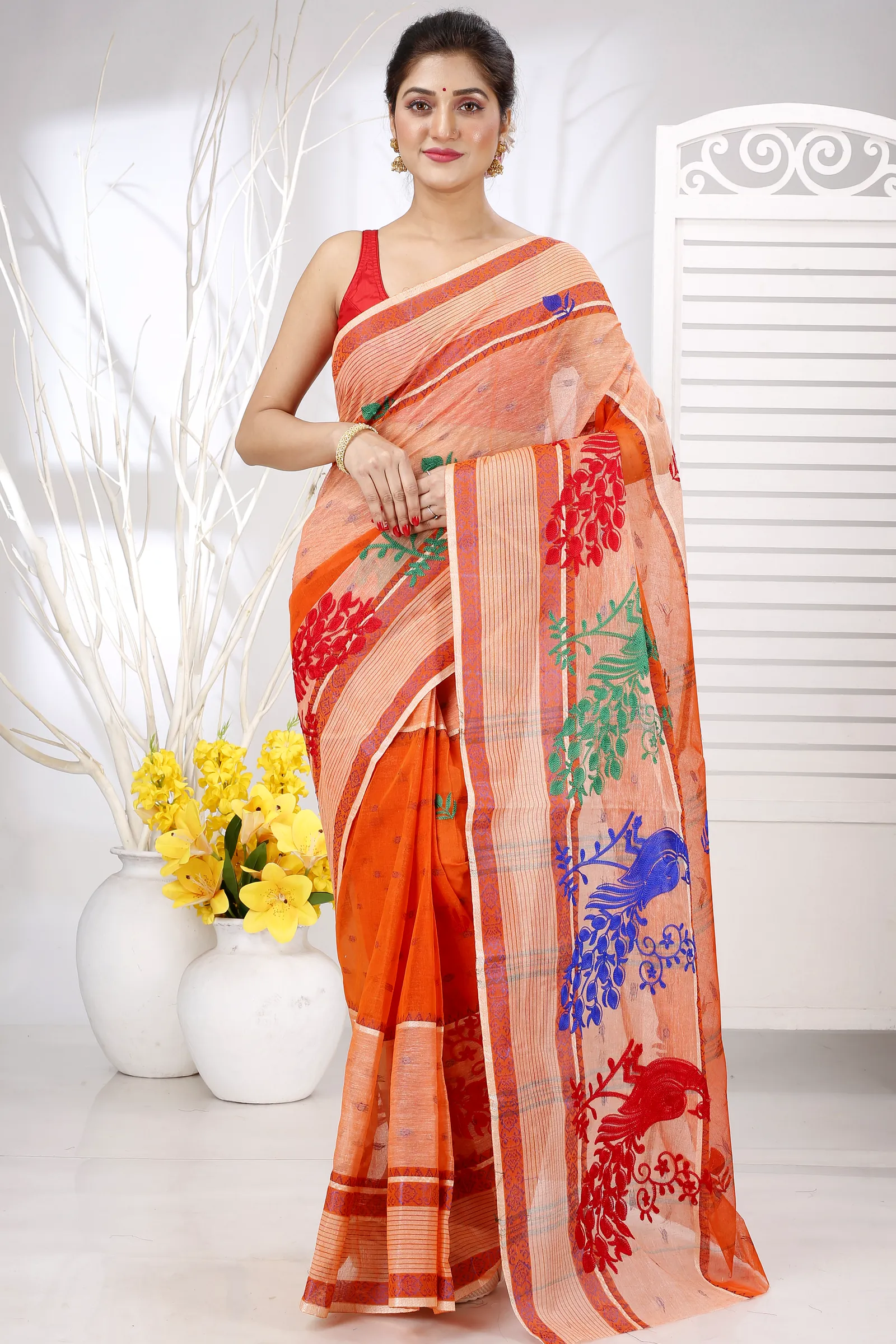 Orange Pure Cotton Embi Debdash Moyur Tant Embroidery (1460)