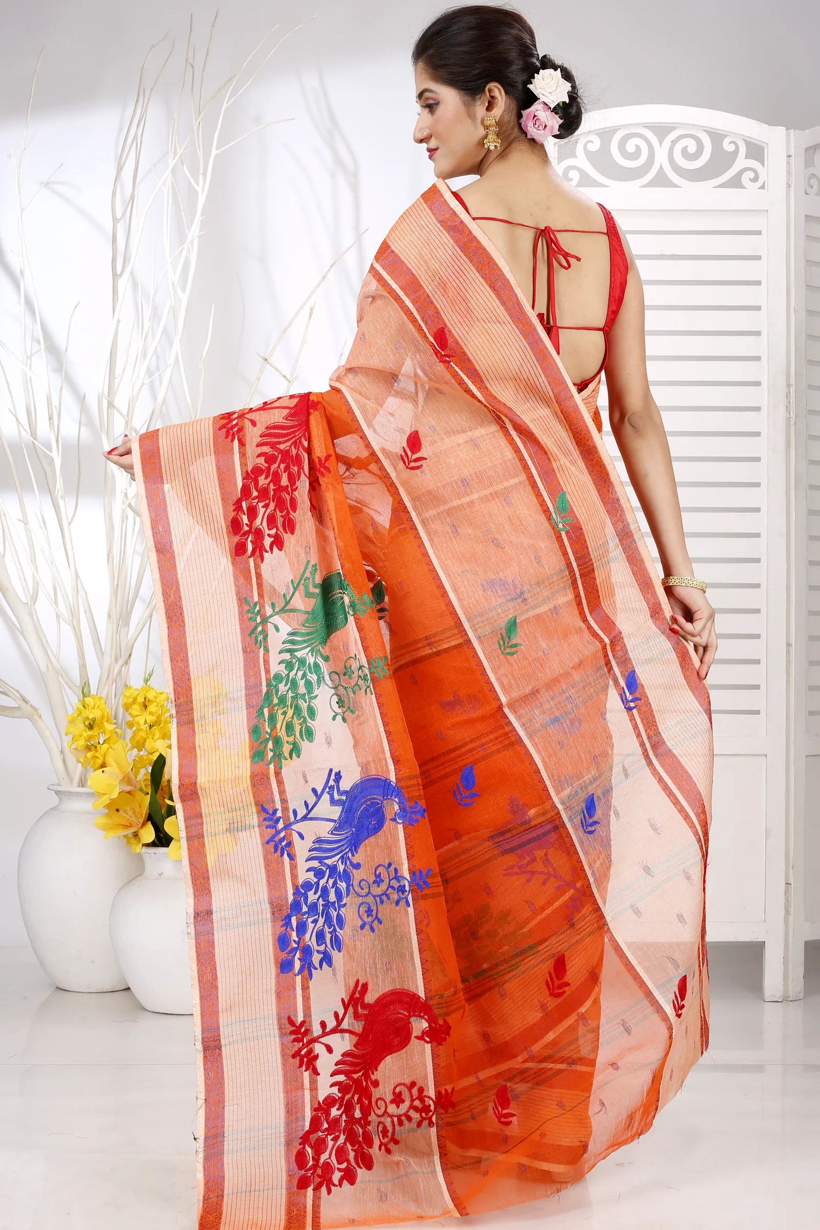 Orange Pure Cotton Embi Debdash Moyur Tant Embroidery (1460)