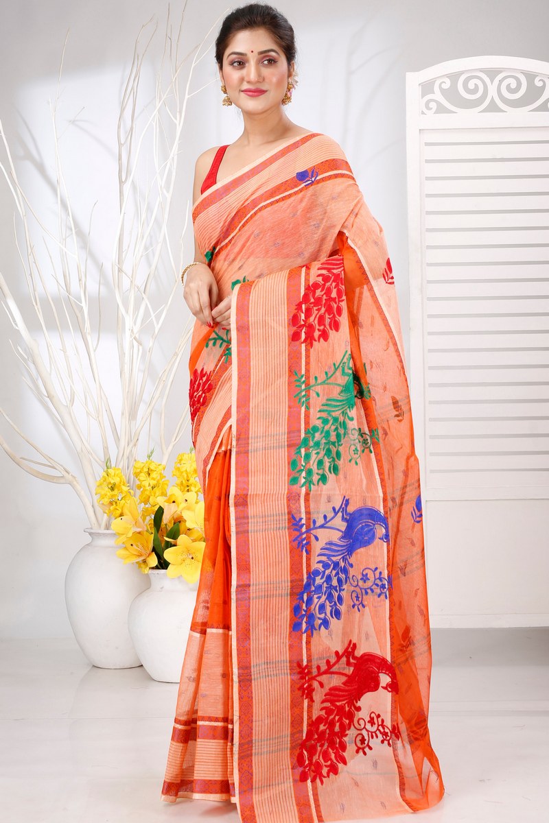 Orange Pure Cotton Embi Debdash Moyur Tant Embroidery (1460)