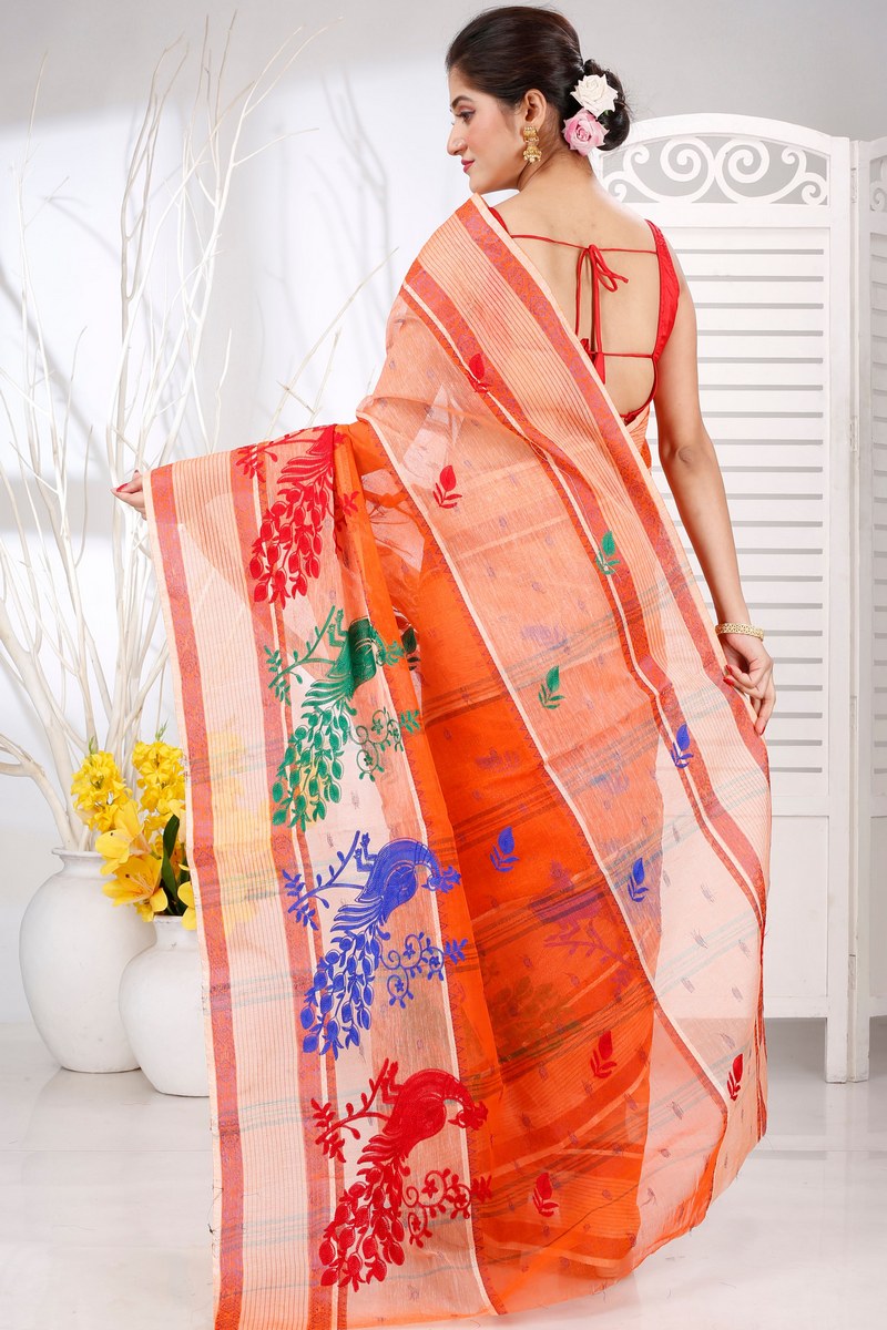 Orange Pure Cotton Embi Debdash Moyur Tant Embroidery (1460)
