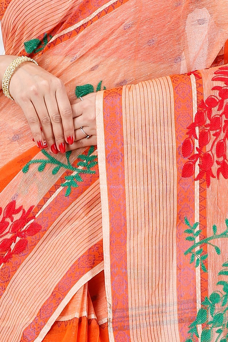 Orange Pure Cotton Embi Debdash Moyur Tant Embroidery (1460)