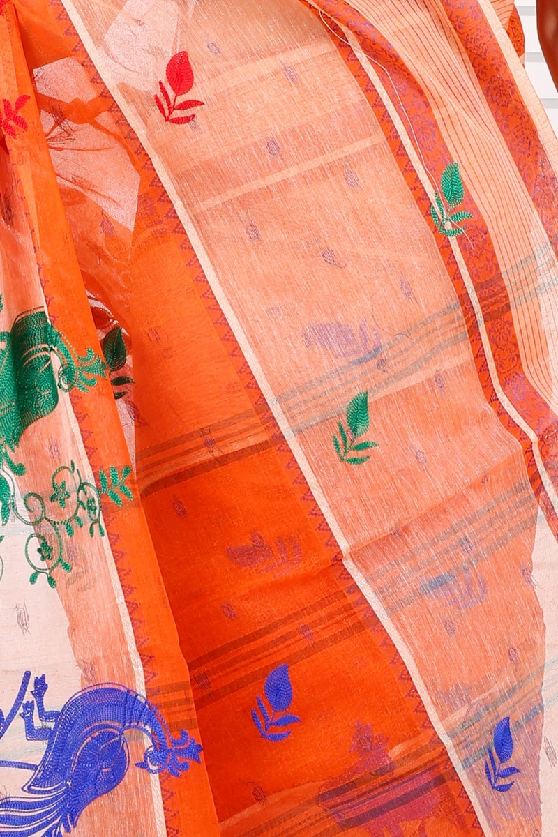 Orange Pure Cotton Embi Debdash Moyur Tant Embroidery (1460)