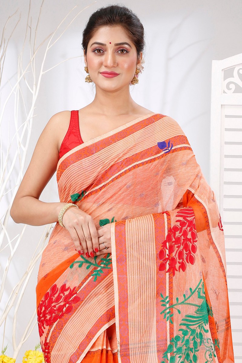 Orange Pure Cotton Embi Debdash Moyur Tant Embroidery (1460)