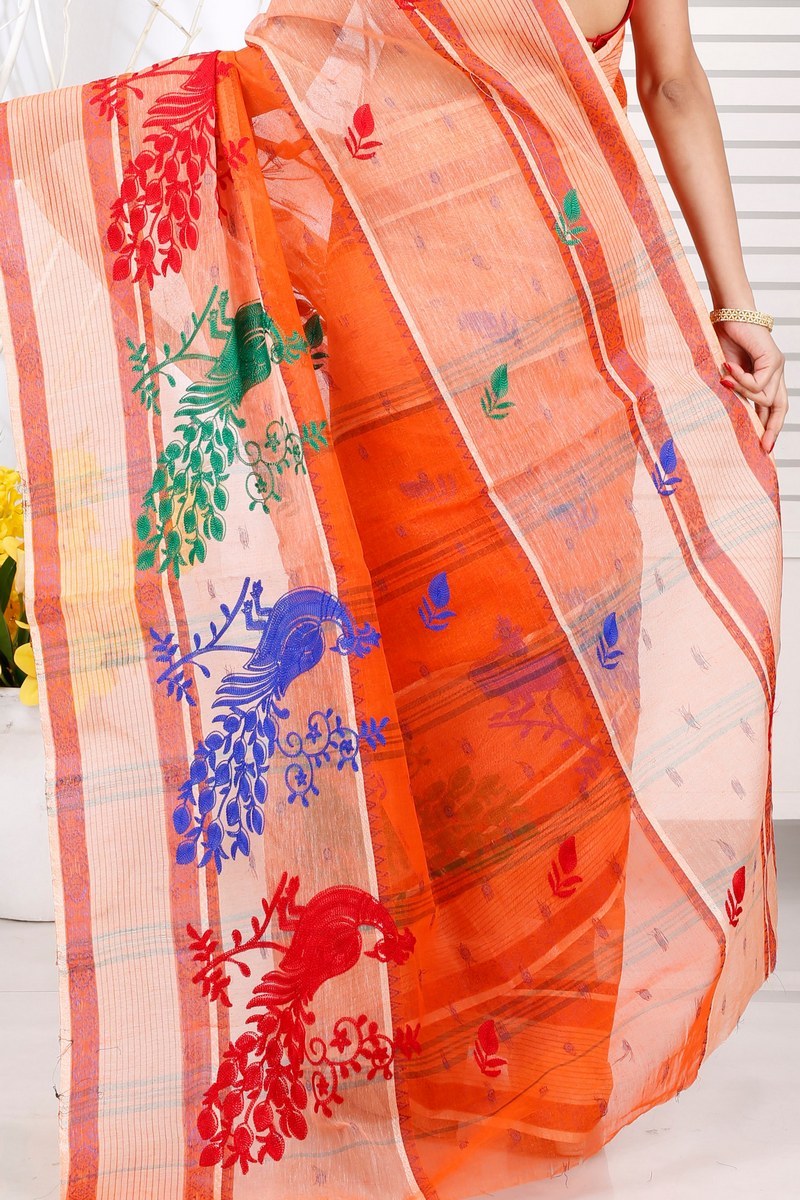 Orange Pure Cotton Embi Debdash Moyur Tant Embroidery (1460)