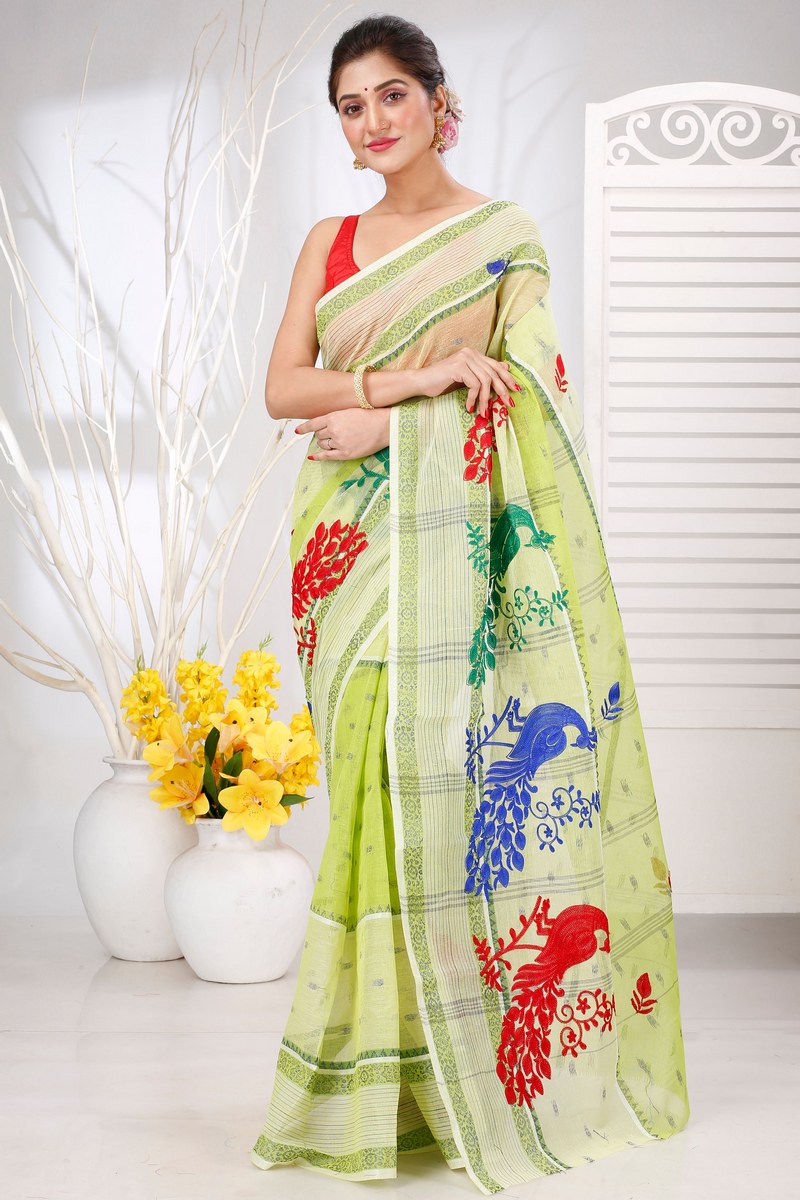 Olieve Green Pure Cotton Embi Debdash Moyur Tant Embroidery (1461)