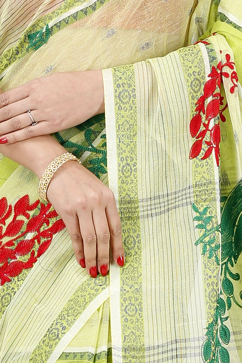 Olieve Green Pure Cotton Embi Debdash Moyur Tant Embroidery (1461)