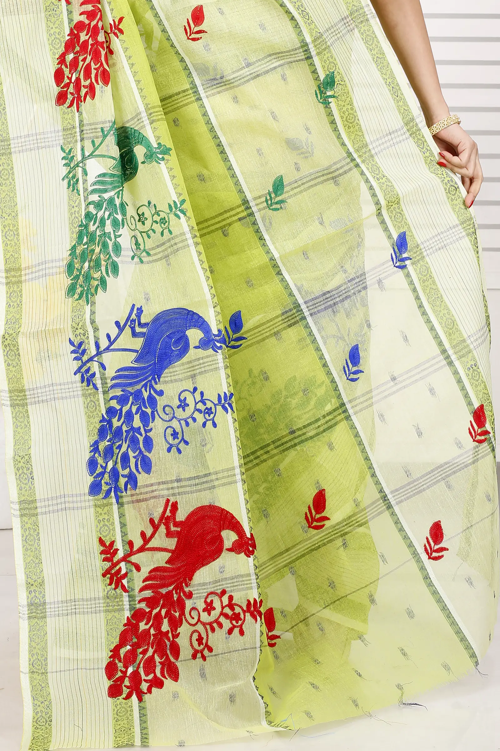 Olieve Green Pure Cotton Embi Debdash Moyur Tant Embroidery (1461)