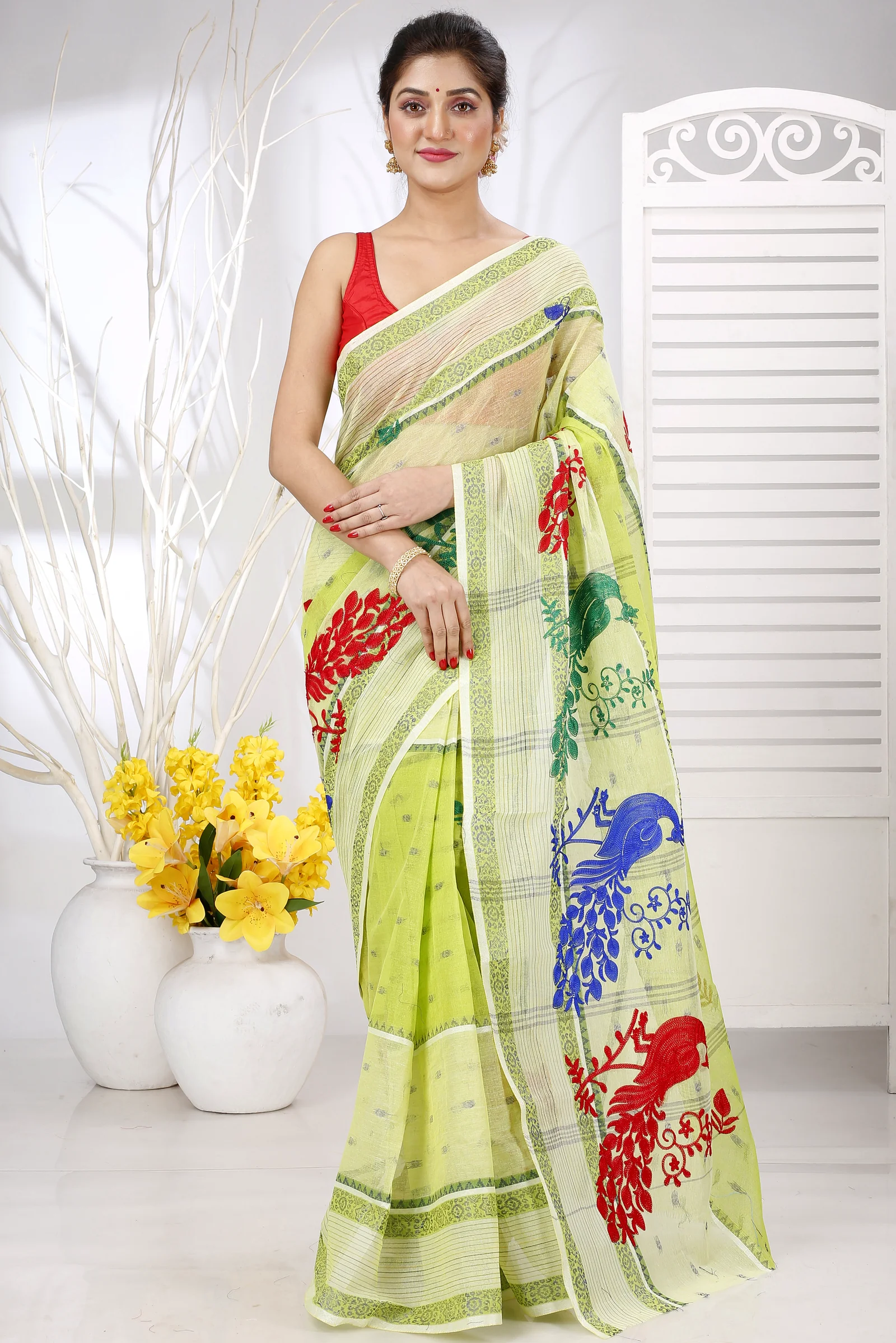 Olieve Green Pure Cotton Embi Debdash Moyur Tant Embroidery (1461)