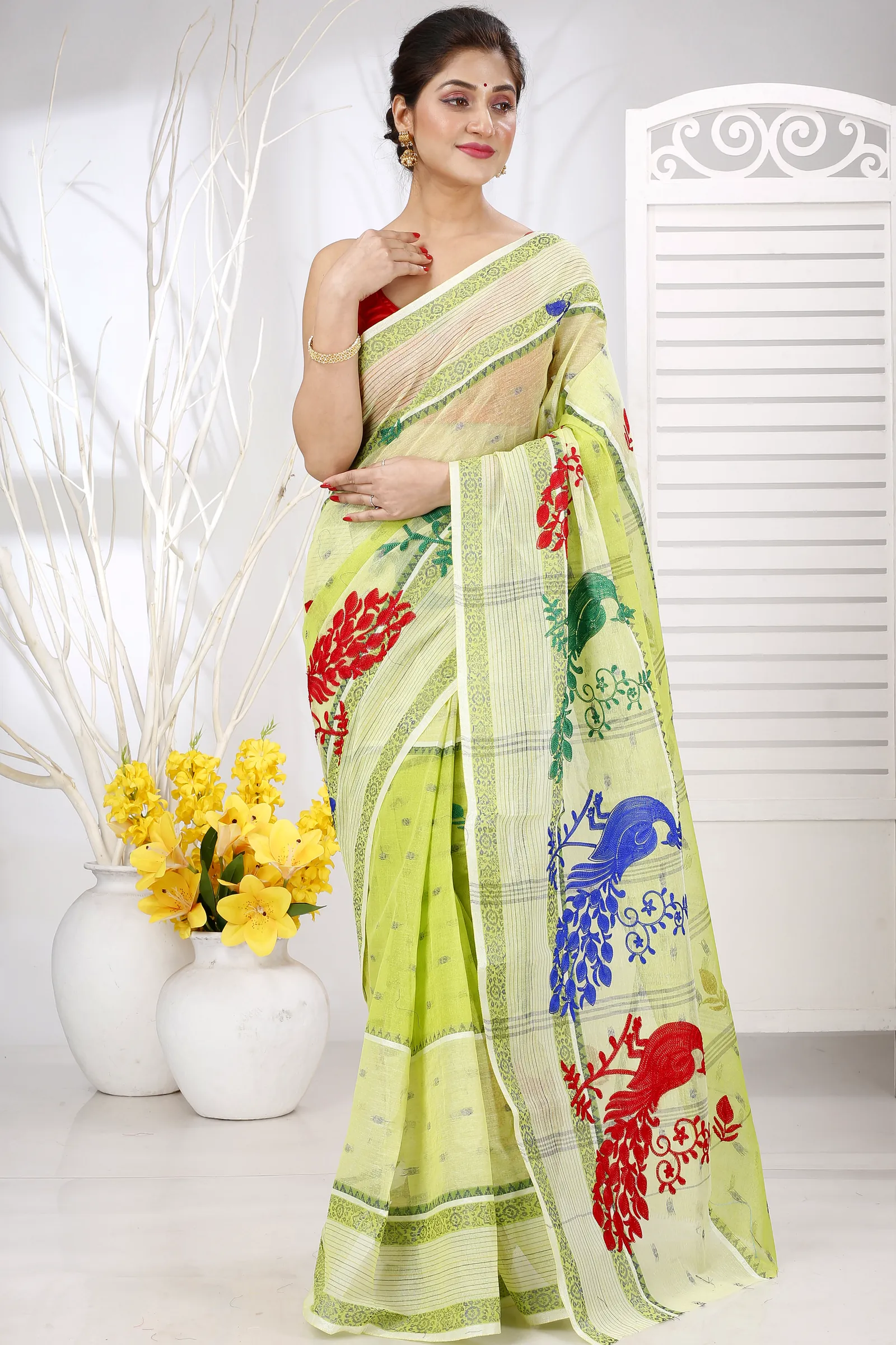 Olieve Green Pure Cotton Embi Debdash Moyur Tant Embroidery (1461)