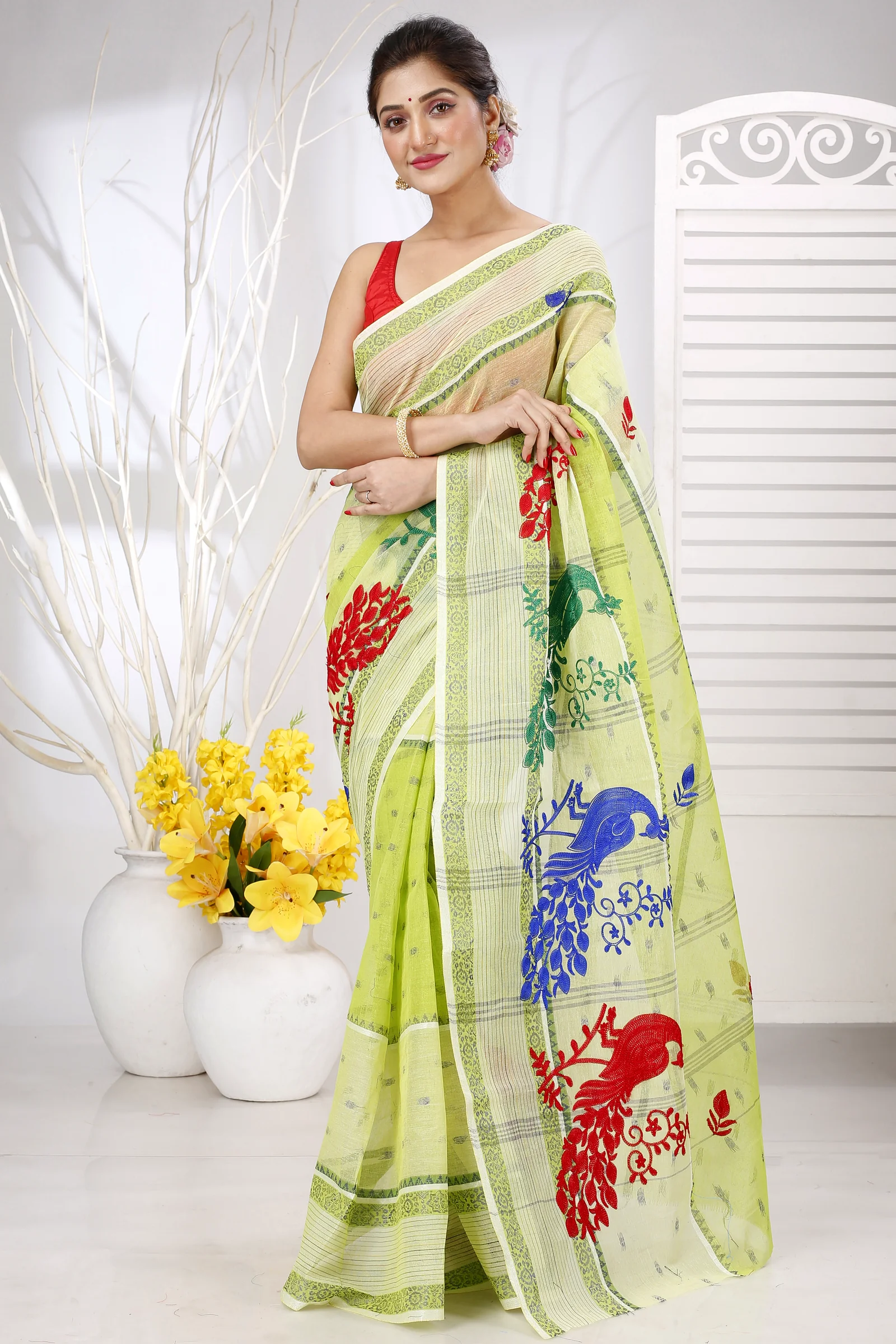 Olieve Green Pure Cotton Embi Debdash Moyur Tant Embroidery (1461)