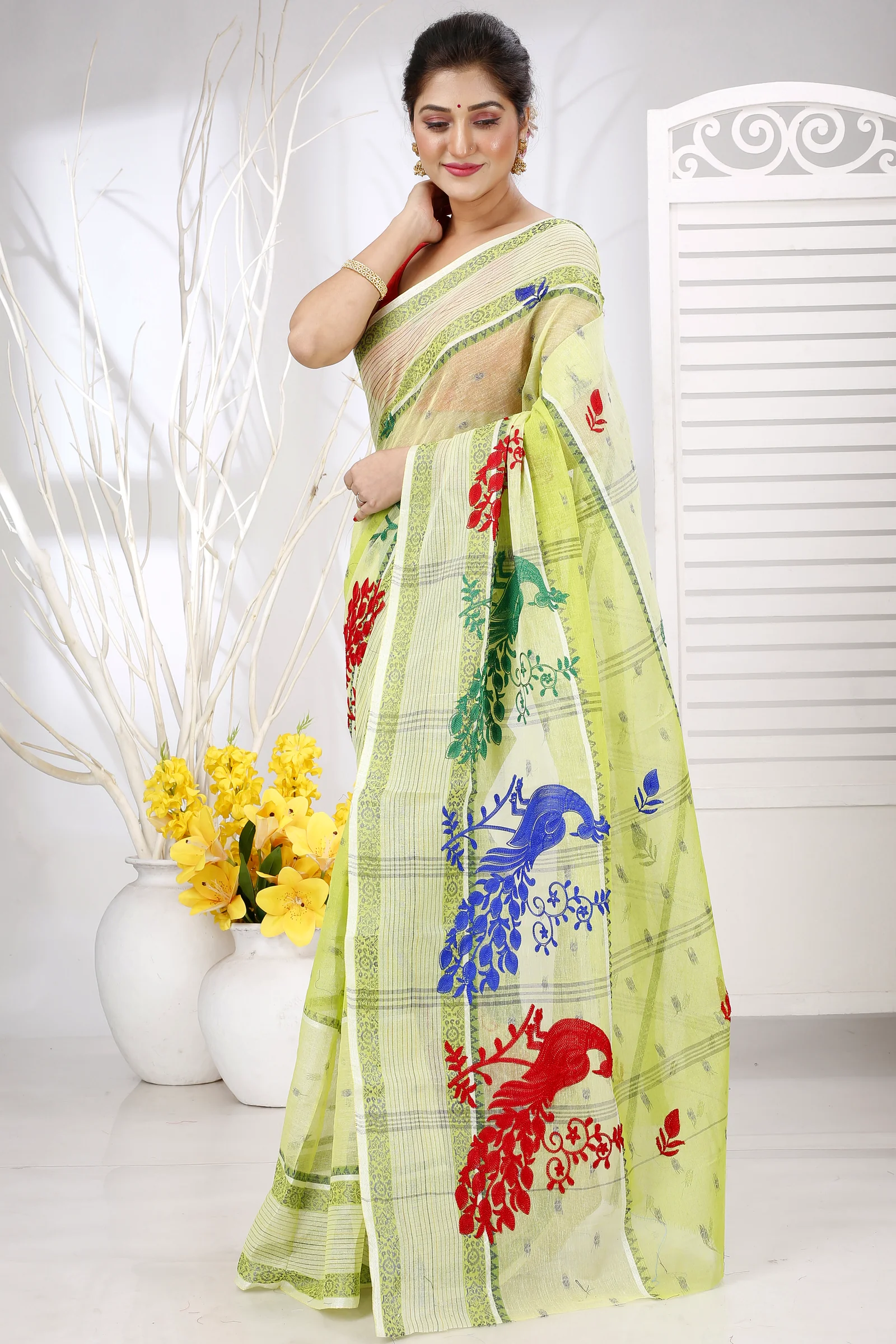Olieve Green Pure Cotton Embi Debdash Moyur Tant Embroidery (1461)