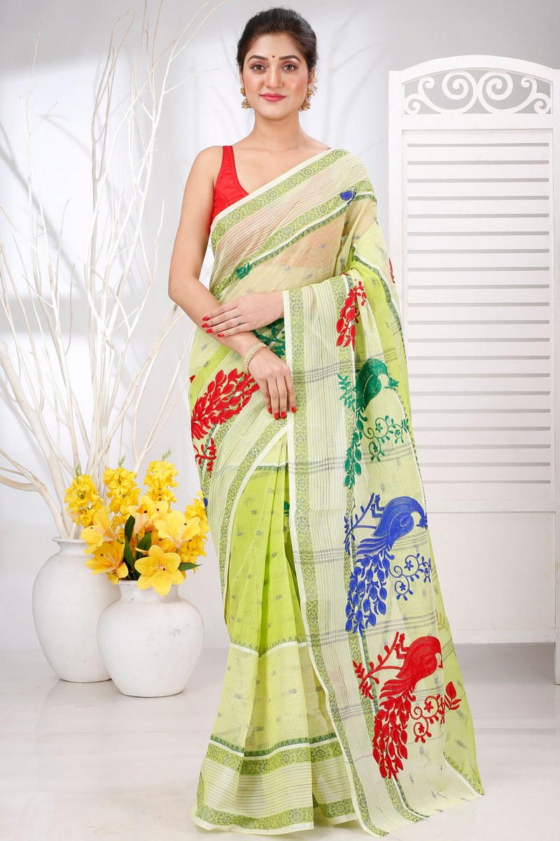 Olieve Green Pure Cotton Embi Debdash Moyur Tant Embroidery (1461)