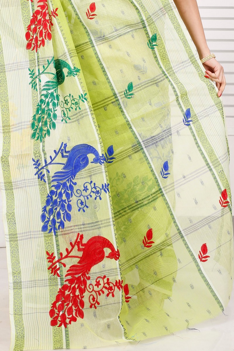 Olieve Green Pure Cotton Embi Debdash Moyur Tant Embroidery (1461)