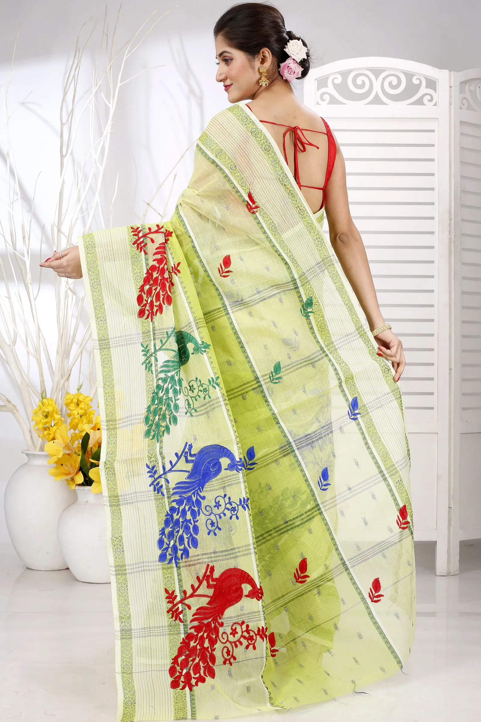 Olieve Green Pure Cotton Embi Debdash Moyur Tant Embroidery (1461)