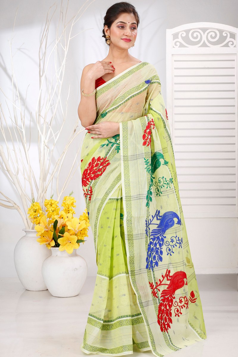 Olieve Green Pure Cotton Embi Debdash Moyur Tant Embroidery (1461)