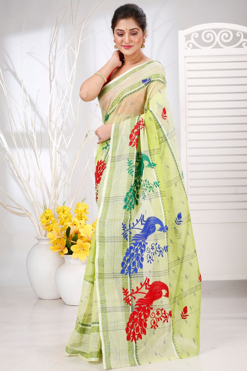 Olieve Green Pure Cotton Embi Debdash Moyur Tant Embroidery (1461)
