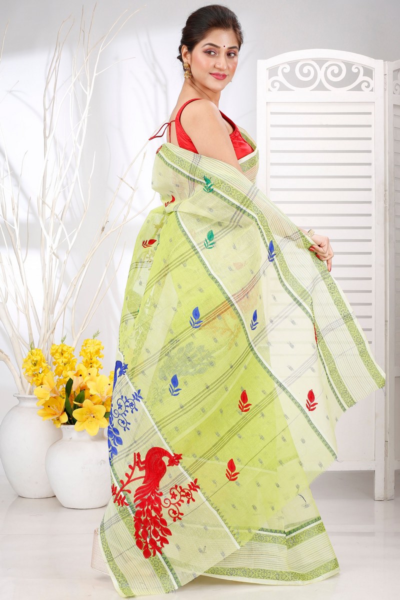 Olieve Green Pure Cotton Embi Debdash Moyur Tant Embroidery (1461)