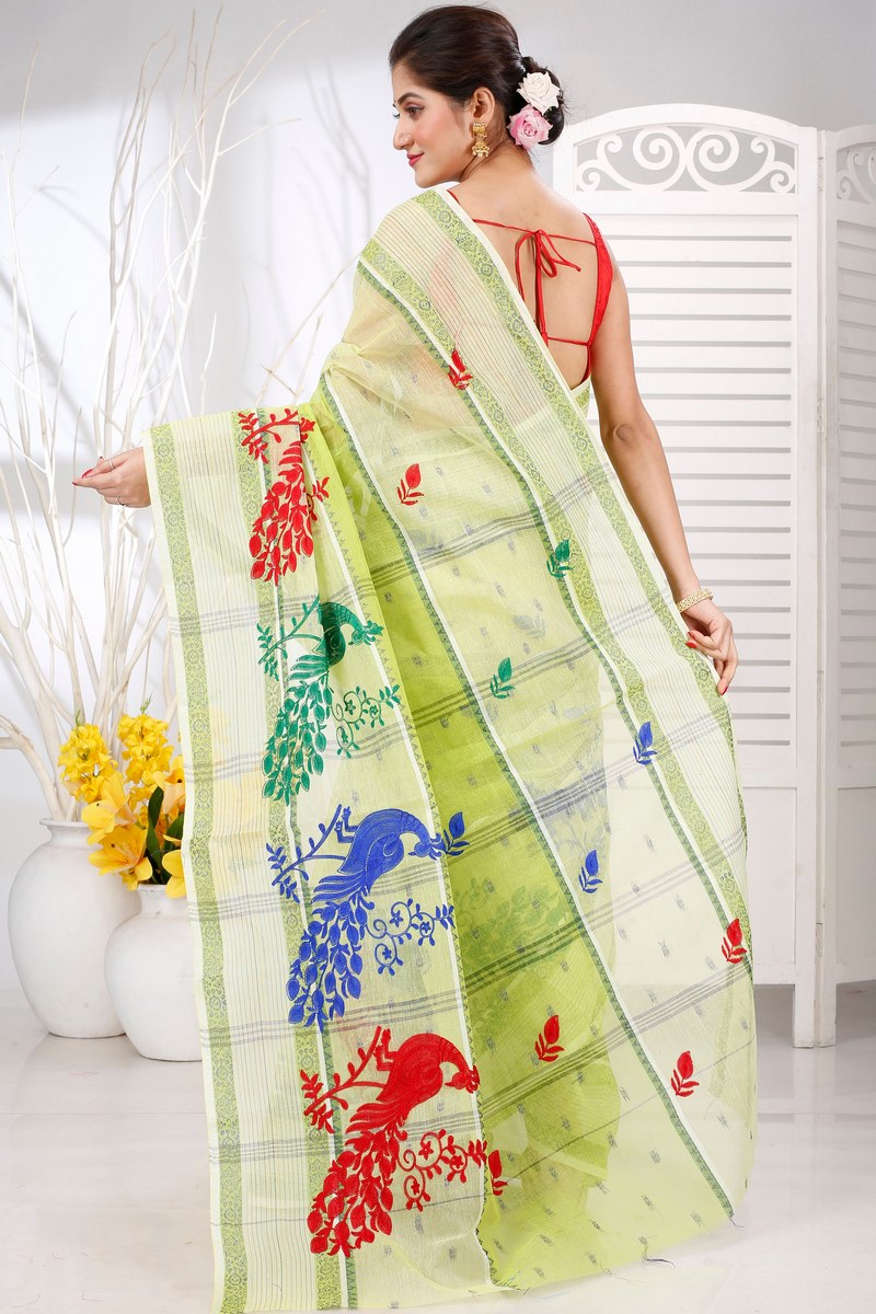 Olieve Green Pure Cotton Embi Debdash Moyur Tant Embroidery (1461)