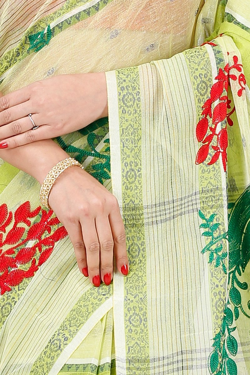 Olieve Green Pure Cotton Embi Debdash Moyur Tant Embroidery (1461)