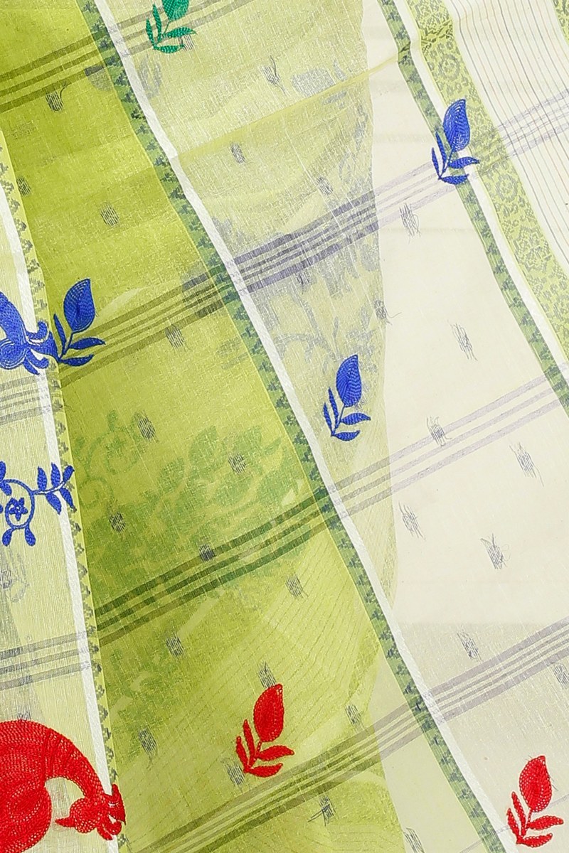 Olieve Green Pure Cotton Embi Debdash Moyur Tant Embroidery (1461)