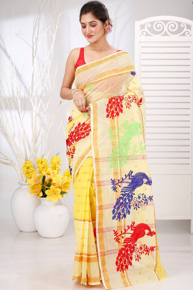 Yellow Pure Cotton Embi Debdash Moyur Tant Embroidery (1462)