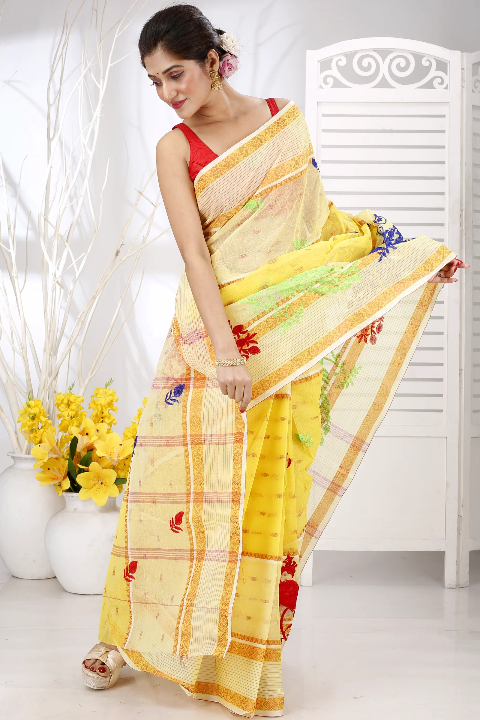 Yellow Pure Cotton Embi Debdash Moyur Tant Embroidery (1462)