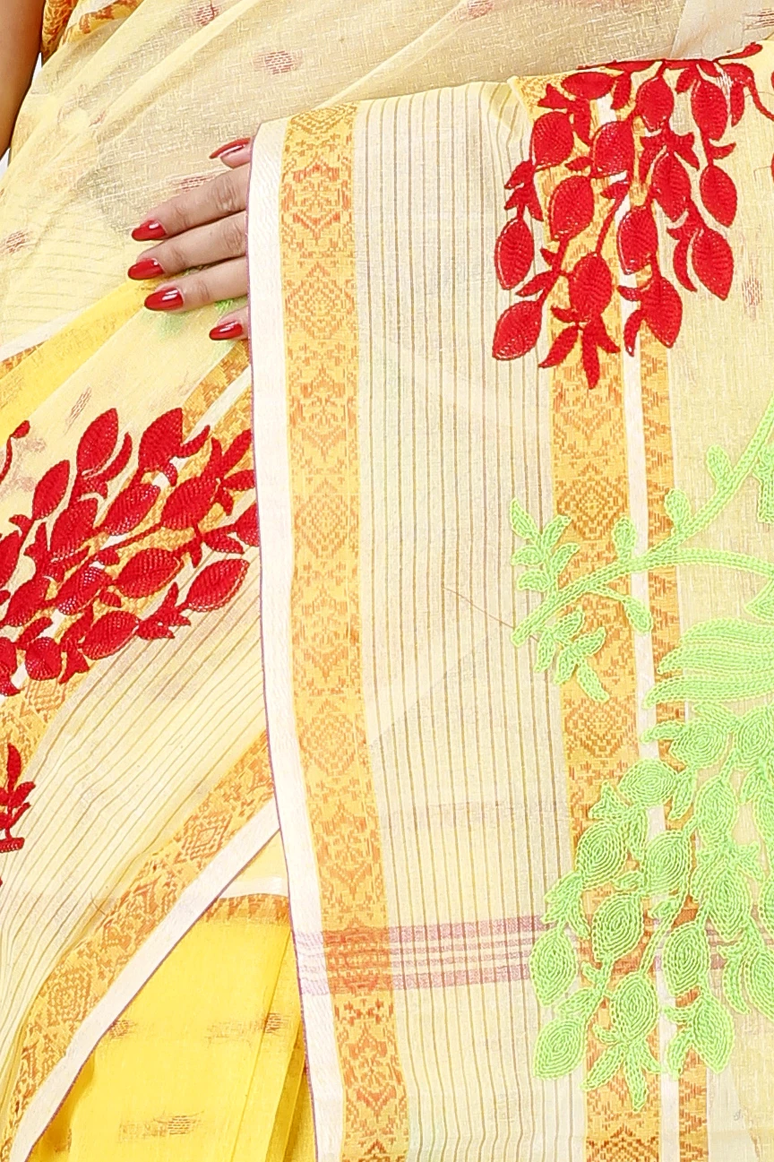Yellow Pure Cotton Embi Debdash Moyur Tant Embroidery (1462)