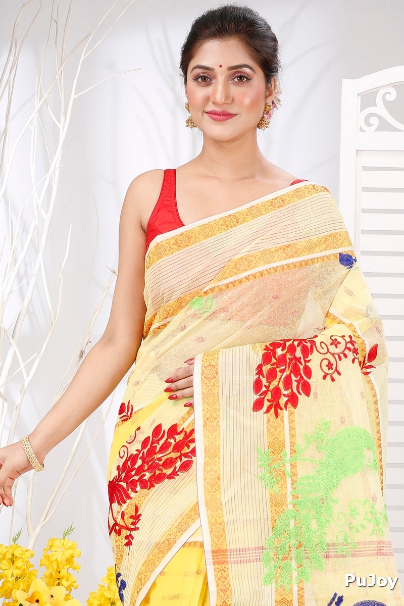 Yellow Pure Cotton Embi Debdash Moyur Tant Embroidery (1462)