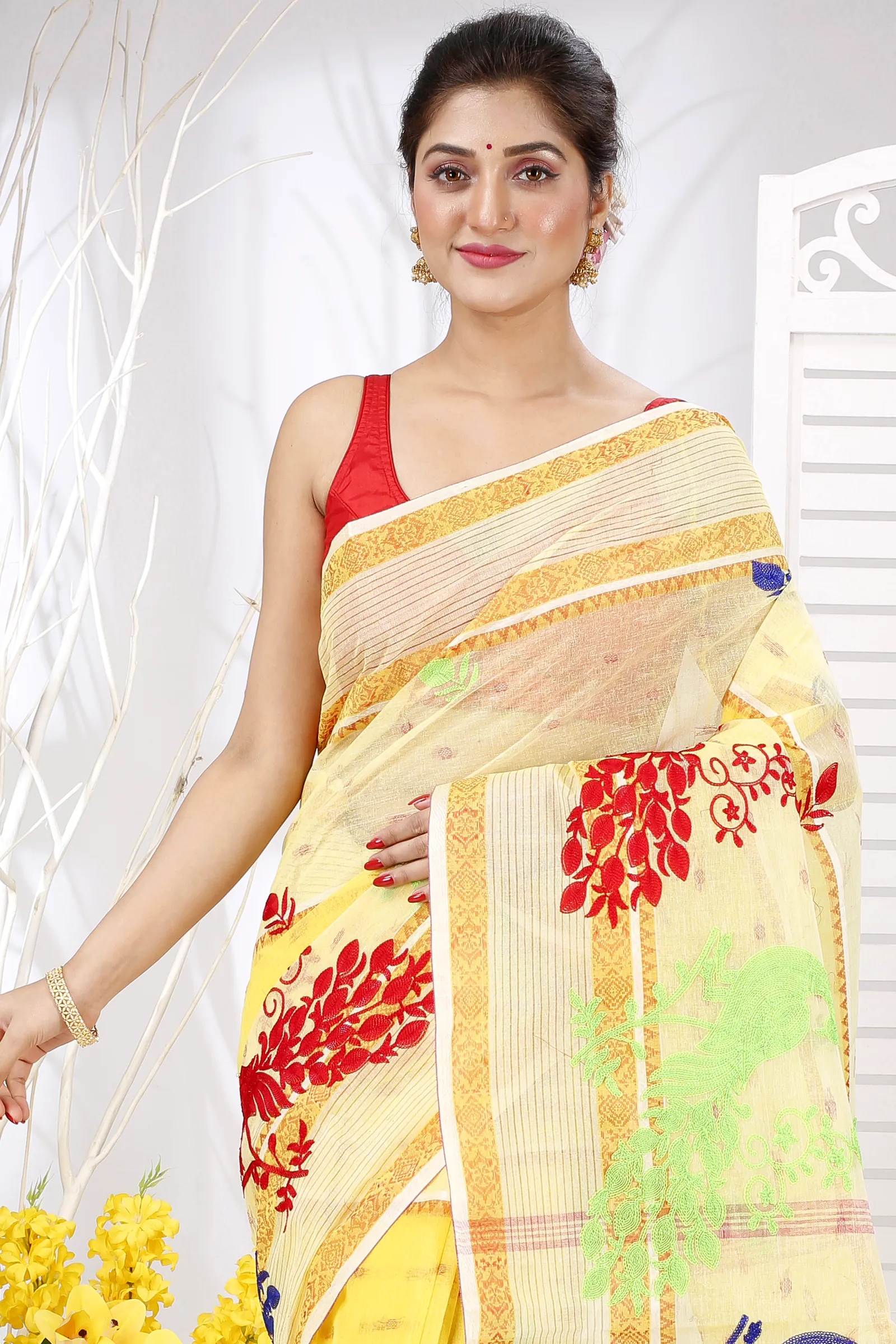 Yellow Pure Cotton Embi Debdash Moyur Tant Embroidery (1462)