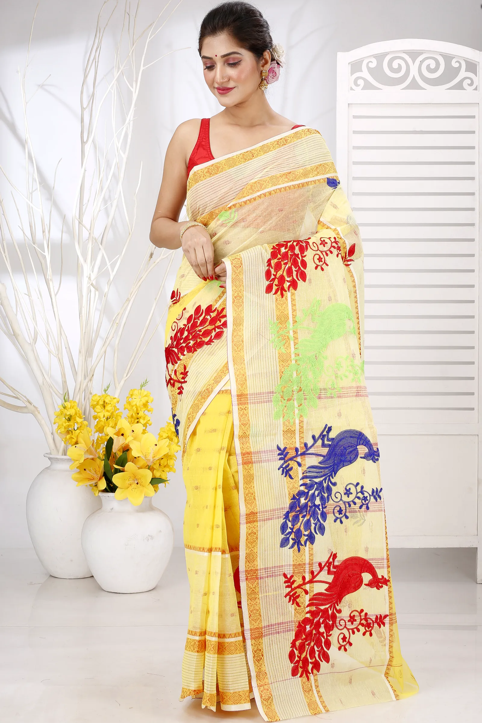 Yellow Pure Cotton Embi Debdash Moyur Tant Embroidery (1462)