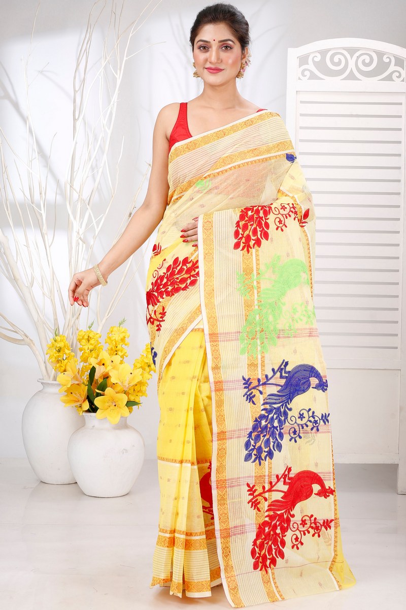 Yellow Pure Cotton Embi Debdash Moyur Tant Embroidery (1462)