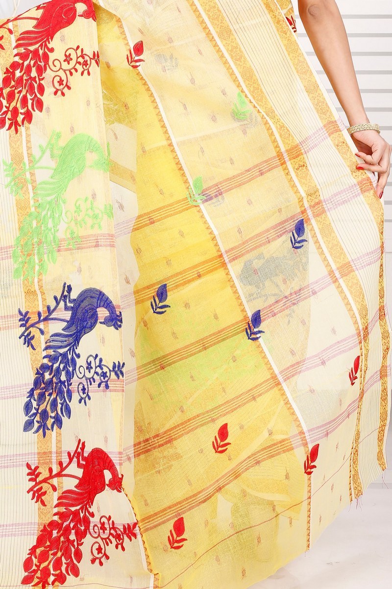 Yellow Pure Cotton Embi Debdash Moyur Tant Embroidery (1462)