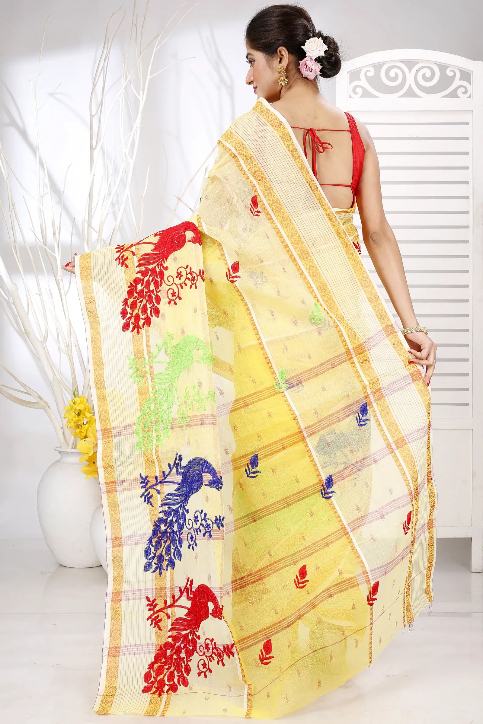 Yellow Pure Cotton Embi Debdash Moyur Tant Embroidery (1462)
